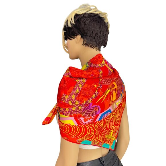 HERMES Orange & Multicolor 100% Silk Ex-Libris En Kimonos Pattern Scarf France - Picture 11 of 11